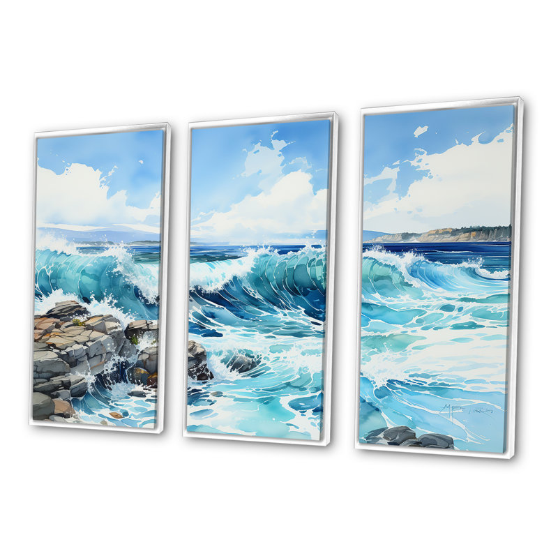 «Blue Ocean In Motion Scenery», ensemble d'art mural sur toile océan, Cadre flottant blanc, H 40 po x l 60 po x P 1 po