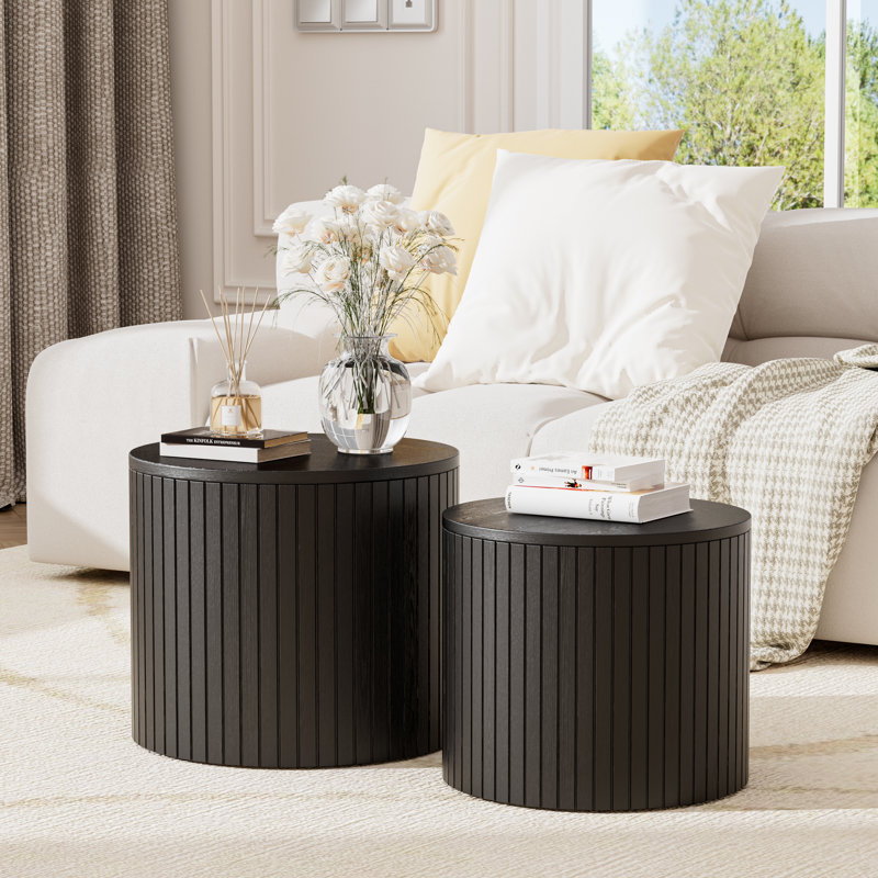 Round Nesting Coffee Table Set With Storage, Black