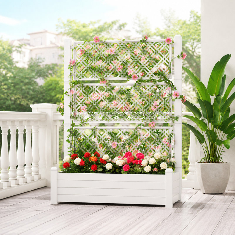 21 Gal Raised Garden Bed with Trellis, Resin Planter Box with Built-In Water Storage, 61.7" H, White Gray