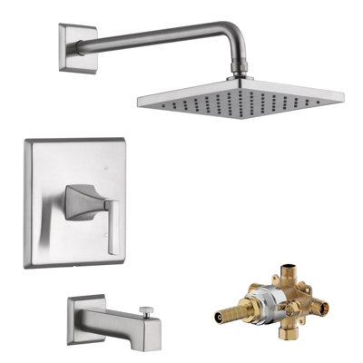 Lotto Collection Shower System: 8" Square Shower Head, Single Handle Set, Tub Spout & Rough-in Valve Included - Brushed Nickel