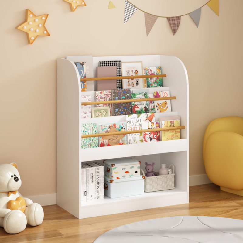 Bibliothèque pour enfants avec rangement ouvert, bibliothèque pour enfants orientée vers l'avant, étagère à livres en bois à plusieurs niveaux pour les tout-petits, salle de jeux, chambre à coucher ou chambre de bébé - blanc