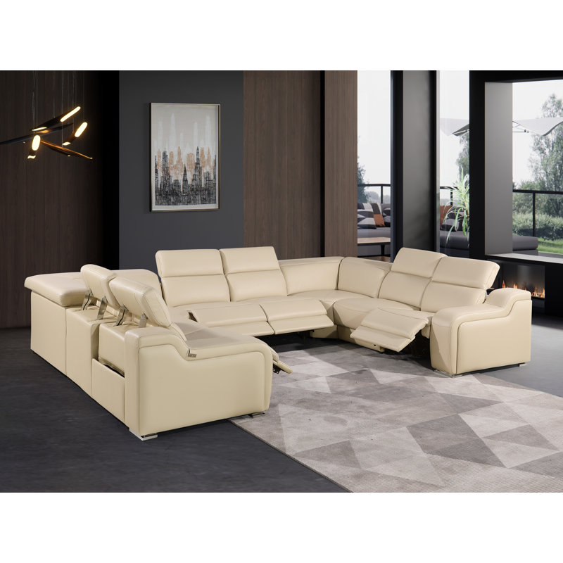 Canapé modulaire inclinable en cuir italien à grain supérieur de 8 pièces Stanwin, Cuir véritable beige