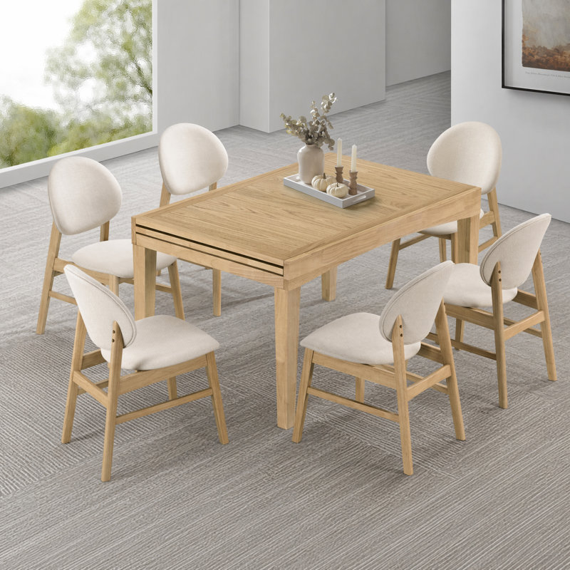 Extendable Dining Set with Upholstered Chairs, 7 Pieces: Table, 6 Chairs, Tan / Beige
