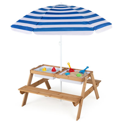 3-in-1 Kids Picnic Table Wooden Outdoor Sand & Water Table with Umbrella Play Boxes Navy+White