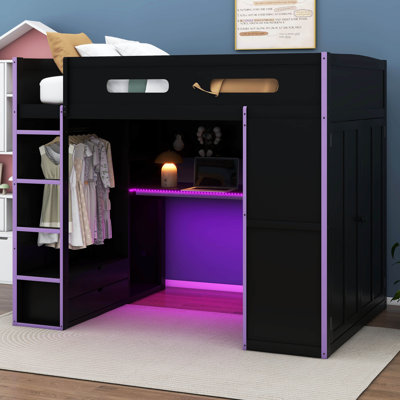Loft Bed with Desk, Wardrobe, Ample Storage Space, Wood Gaming Loft Bed with RGB Light
