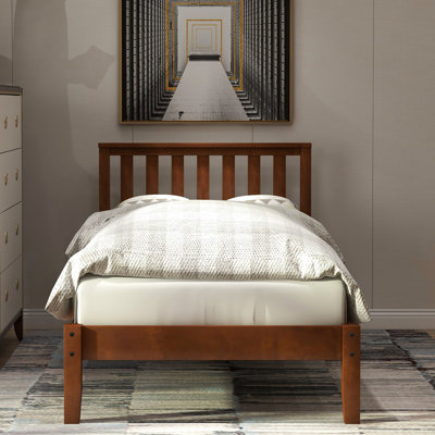 Walnut Twin Platform Bed With Headboard, Solid Wood Slat Frame Supported Headboard