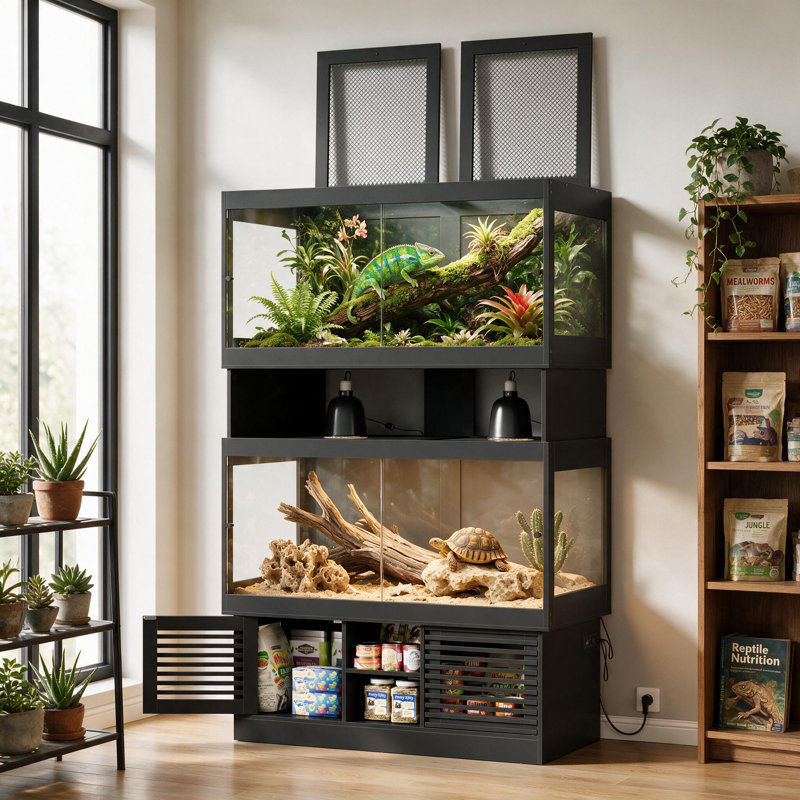 Dual 120 Gallon Reptile Tank with Stand, 2-in-1 Front-Opening Glass Doors & Mesh Top Enclosure, Large Reptile Habitat with Storage Cabinets and Built-In Power Outlet for Bearded Dragons, Snakes, Lizards, Geckos, or Tortoises (Bulbs and Lampshades Not Inc