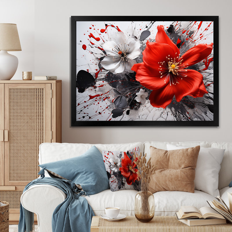Red Grey Botanical Symphony I - Abstract Botanicals, reproduction d'art sur toile encadrée, H 16 po x l 32 po, Black