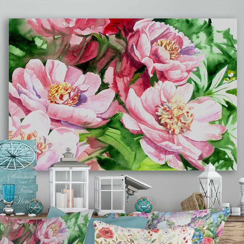 Aquarelle, pivoines roses, reproduction sur toile flottante, H 8 po x l 12 po x P 1 po, Toile tendue