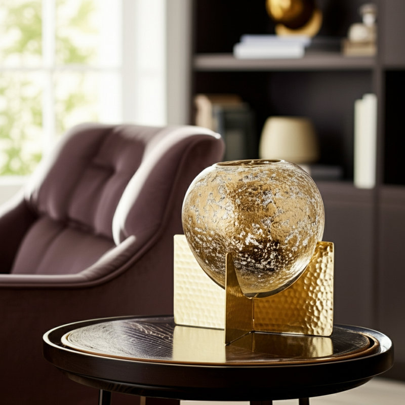 Clear and Gold Glass Round Hurricane Orb Candle Holders, 8" H x 9" W x 9" D