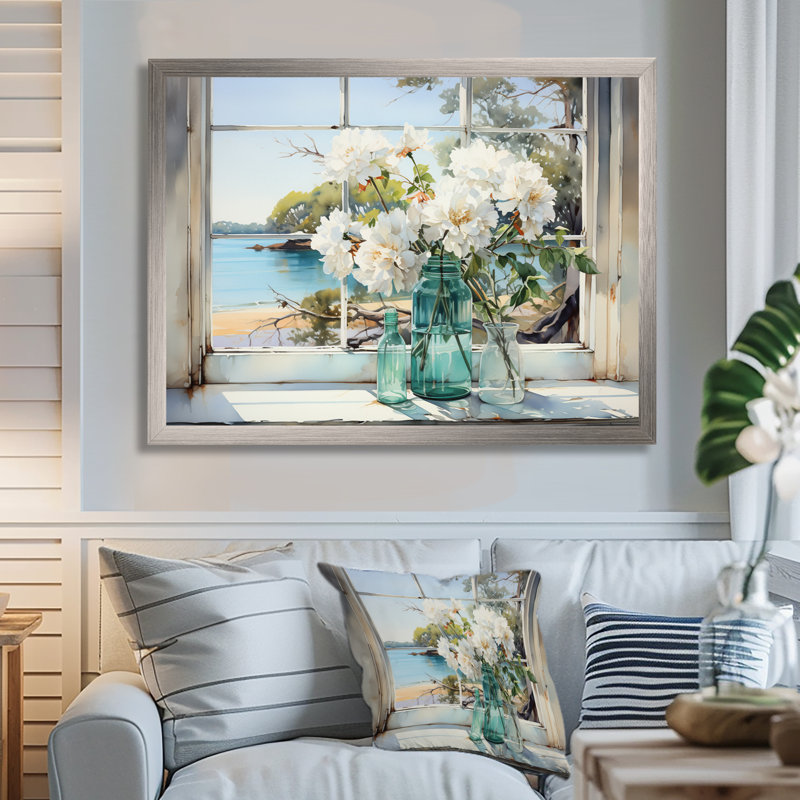 «Blue Window Beachfront View Blooms III - Coastal Windows», reproduction sur toile encadrée, H 24 po x l 32 po x P 1 po