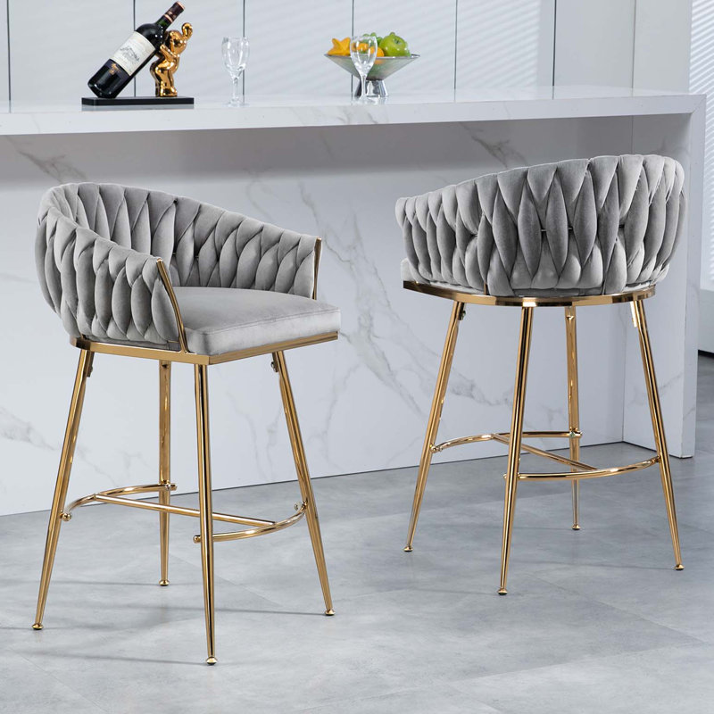 Ensemble de 2 tabourets de bar 26 po à hauteur de comptoir en velours pour îlot de cuisine avec dossier ondulé, Gris