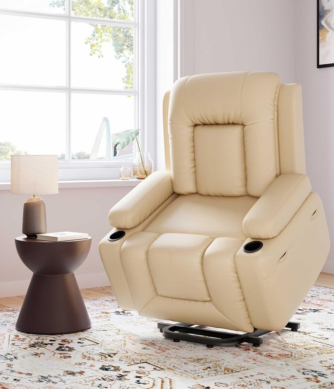 PU Leather Power Lift Recliner Chair with Massage & Heat, 3 Positions, Cup Holders, Beige