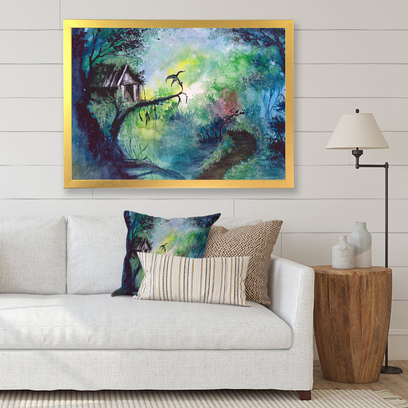 Une maison de conte de fées sur une branche d'arbre géante - peinture sur toile, H 30 po x l 40 po, Cadre doré à coins fermés