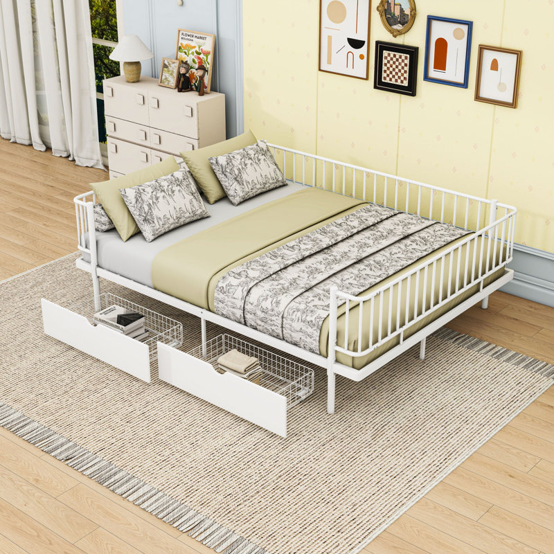 Metal Platform Bed with Storage Drawers, White, Queen