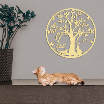 Art mural chat, signe de nom d'animal, décoration arbre de vie, suspension murale en métal, cadeau d'amant de chat, cadeau commémoratif pour chat