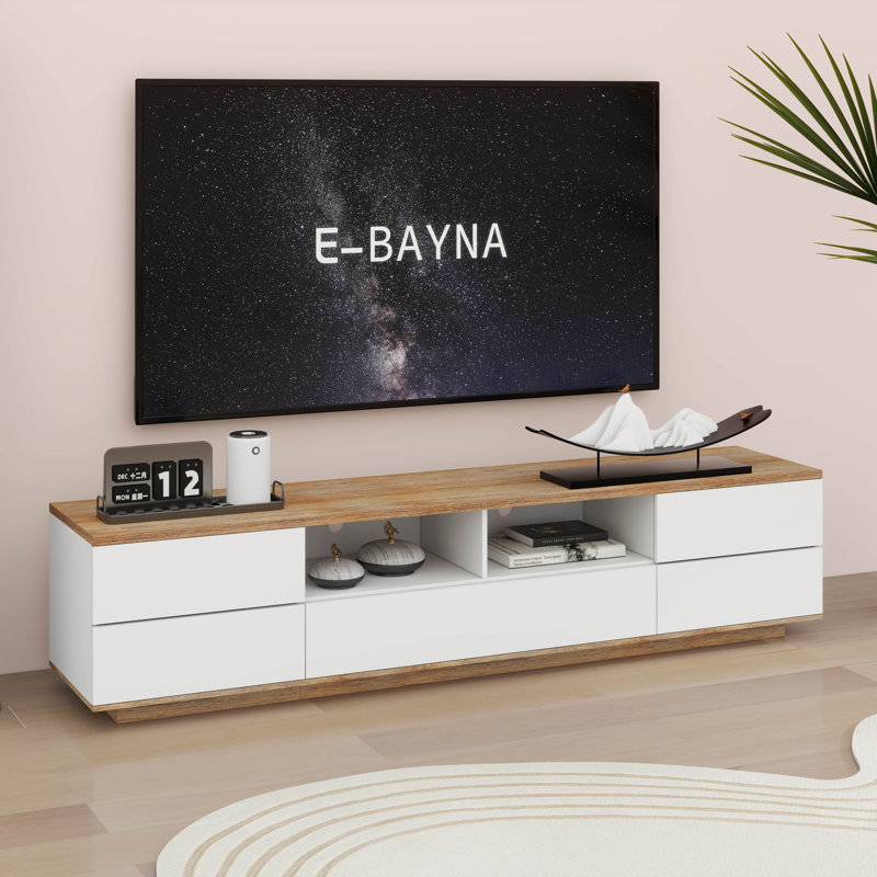 Meuble télé moderne, console multimédia avec rangement multifonctionnel, Blanc/naturel