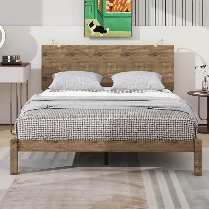 Charmant lit plateforme en bois rustique moderne, Grand lit, Noyer antique