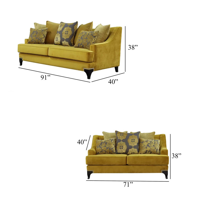 Canapé 2 pièces Visco, ensemble de causeuse, 8 coussins décoratifs, garniture de rivet, jaune or Visco