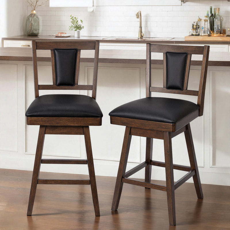 Desouza Transitional Faux Leather 26"H Swivel Counter Stool With Solid Wood Legs