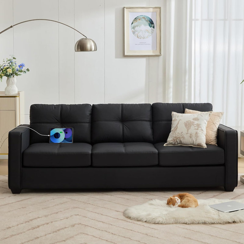 88” W Faux Leather Couch With Square Armrests, Faux Leather - Black