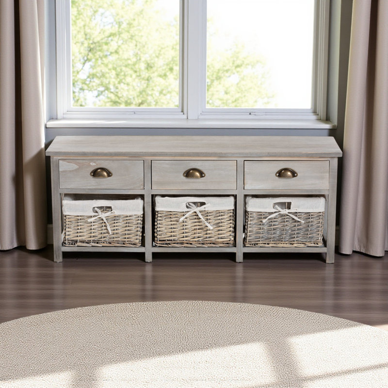Banc de rangement à 3 tiroirs avec paniers au fini gris clair Yarven, H 16,28 po x l 41,89 po x P 11,26 po