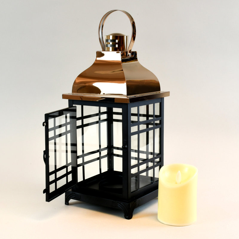 Lanterne en métal avec bougie DEL flamme vacillante - noir avec toit en cuivre