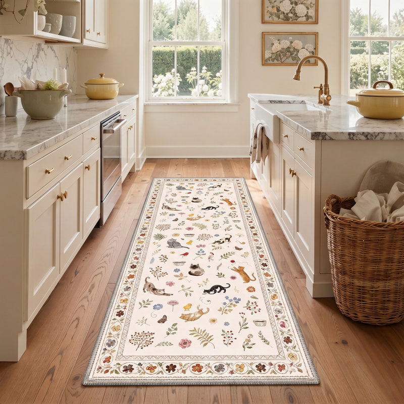 Tapis de couloir ivoire / orange lavable en machine avec envers antidérapant, Tapis de couloir de 2 pi x 7 pi