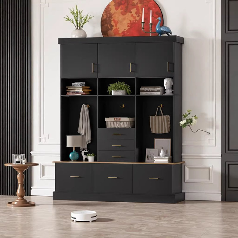 75'' H Modern Entryway Hall Tree with Bench, 5-in-1 Storage Solution - 3 Cabinets, 6 Drawers, 3-Tier Shelves & Coat Rack for Hallway, Living Room, Mudroom
