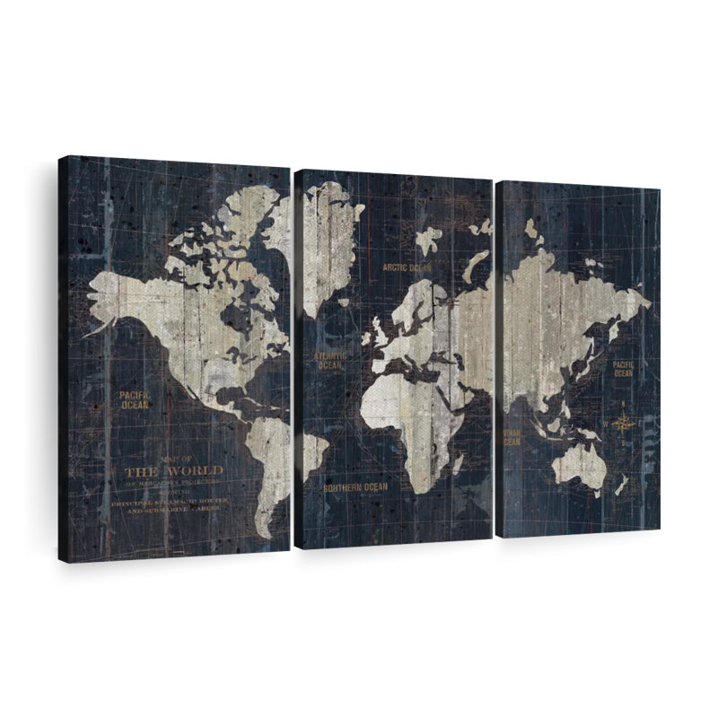 Carte du vieux monde en bleu sur toile, ensemble de 3 pièces, H 74 po x l 48 po x P 1,25 po