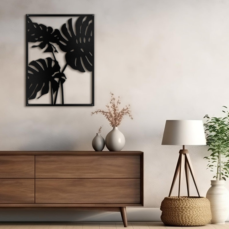 Three Tropical Monsteras Leaf Minimalist Modern Abstract Accent Sculpture, H 18 po x l 13,43 po x P 0,05 po, Noir