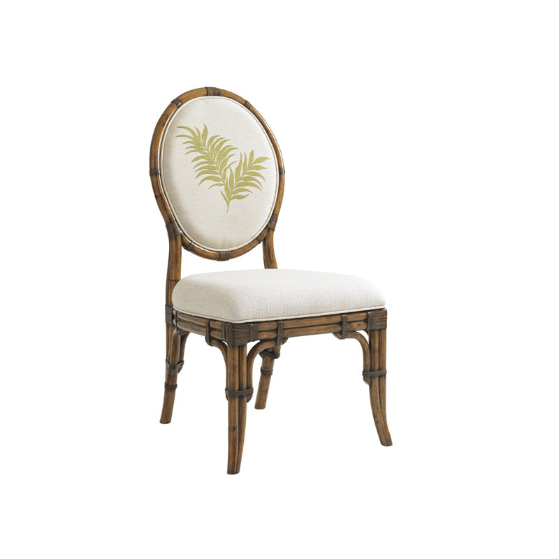 Transitional Gulfstream Cream Leather & Rattan Side Chair with Caribbean Pattern