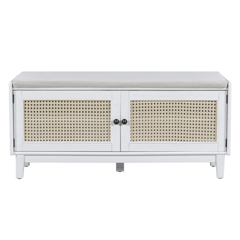 TREXM Boho Rattan Entryway Bench With Storage, Cushioned Shoe Bench With Double Doors, Wooden Shoe Organizer Bench For Entryway And Hallway (White+Beige )