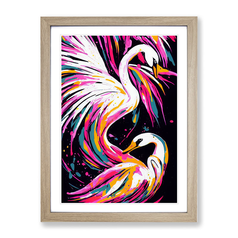 Two Swans In Colour - Print, Oak Picture Frame, White, 36cm H x 27cm W