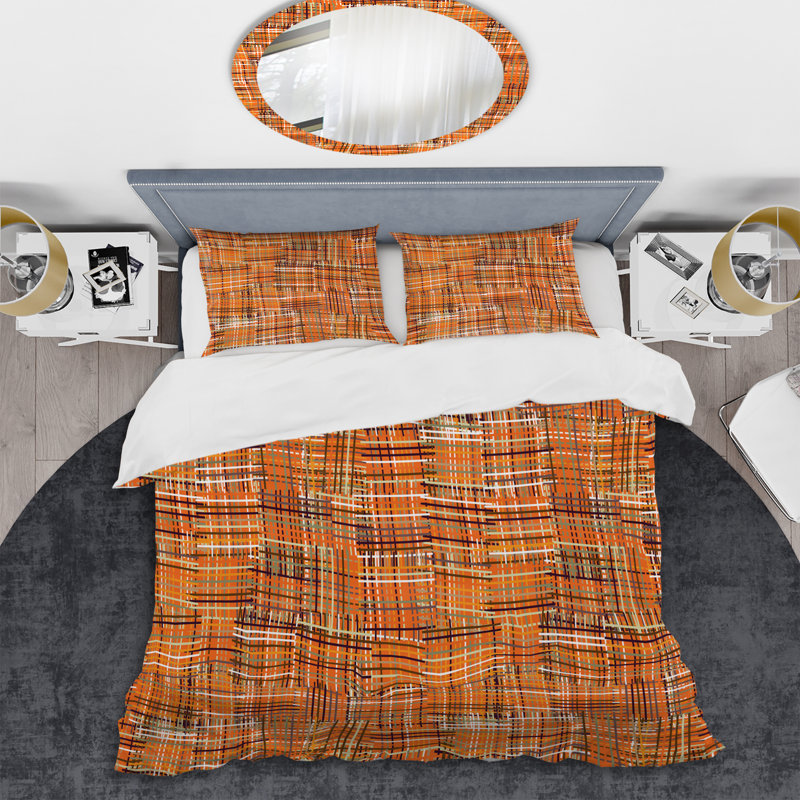 Ensemble de housse de couette 3 pièces en microfibre brun / orange, Housse de couette pour grand lit et 2 taies décor