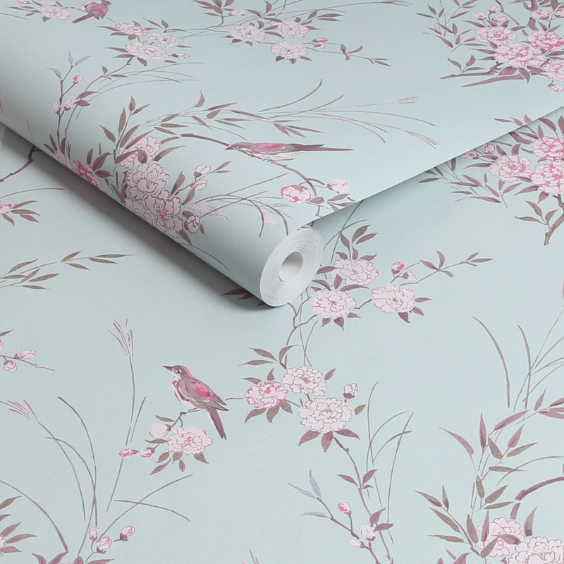 Rachel Ashwell Bird Chinoiserie Pink Gold Wallpaper, Blue