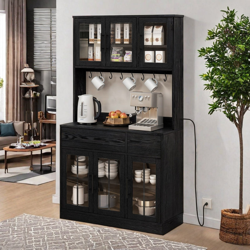Armoire de cuisine de 71 po de hauteur avec prise de courant, huche, portes et tiroirs en verre Arnzazu, Noir