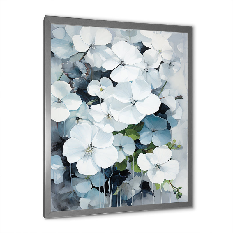 Violettes blanches ornées sur toile, Cadre simple argenté, H 40 po x l 30 po x P 1,5 po