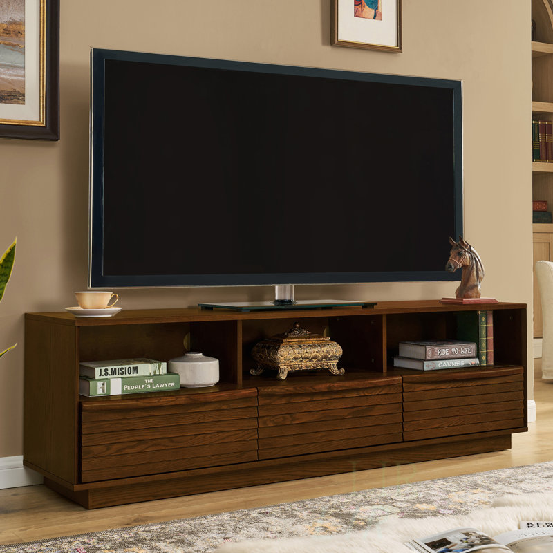 Mid-Century Modern TV Stand for TVs, Sturdy Farmhouse Entertainment Cabinet with Louver Design, Solid Wood Drawers and Outlet Holes