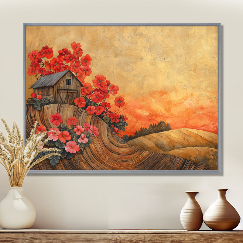 Fleurs de géraniums à la grange paysage I - décoration murale géraniums, H 24 po x l 32 po, Cadre flottant, Argent argent