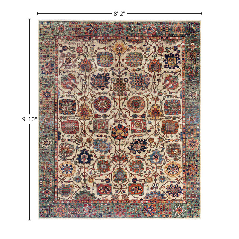 Hand-Knotted Geometric Wool Area Rug in Beige and Red