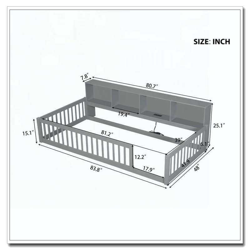 Lit en bois simple TG avec armoires de rangement et ports USB, Gris