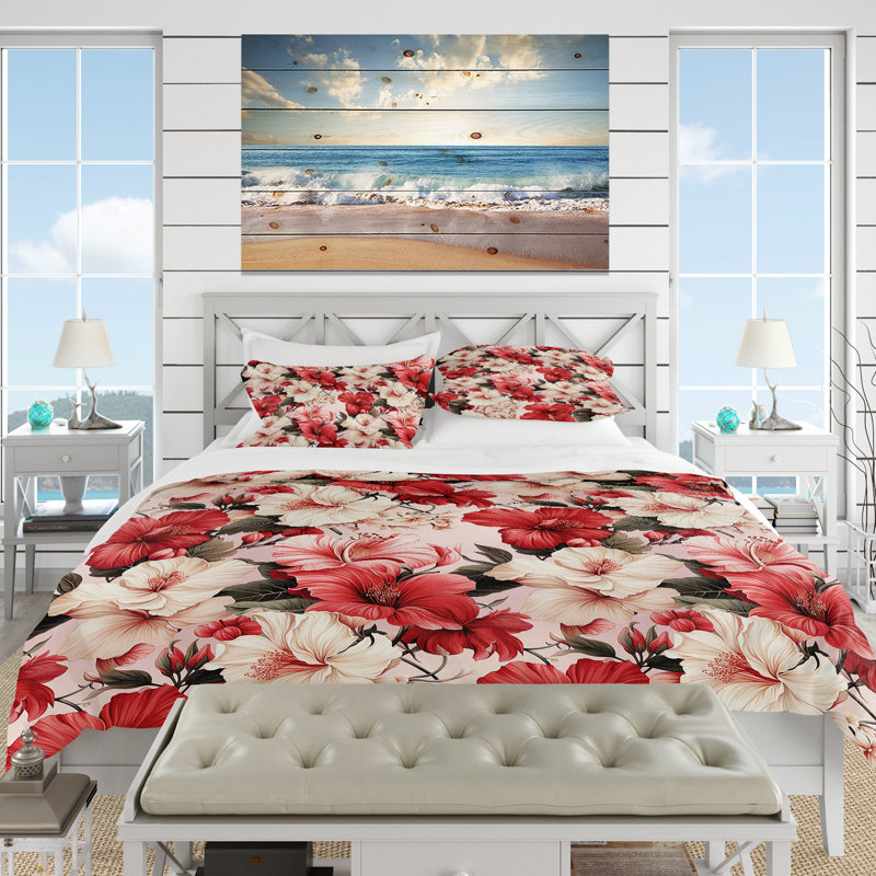 Literie Hibiscus Romance, Housse de couette pour grand lit et 2 taies décor