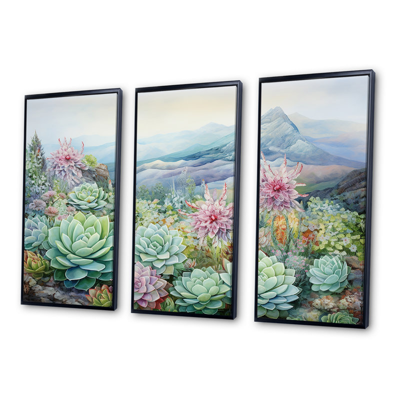 «Green Succulent Desert Charm» - ensemble de salon d'art mural, Cadre flottant noir, H 32 po x l 48 po x P 1 po