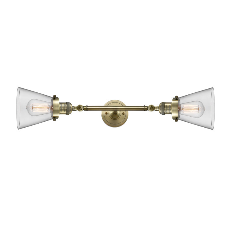Cone 2 Light Tiltable Bath Vanity Light, Antique Brass, 6 Watt Vinage LED Bulb, Clear