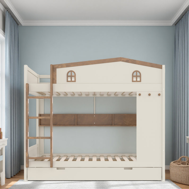 Lit superposé avec lit gigogne et tablettes de rangement, lits superposés en bois massif avec crochets, aucun sommier nécessaire