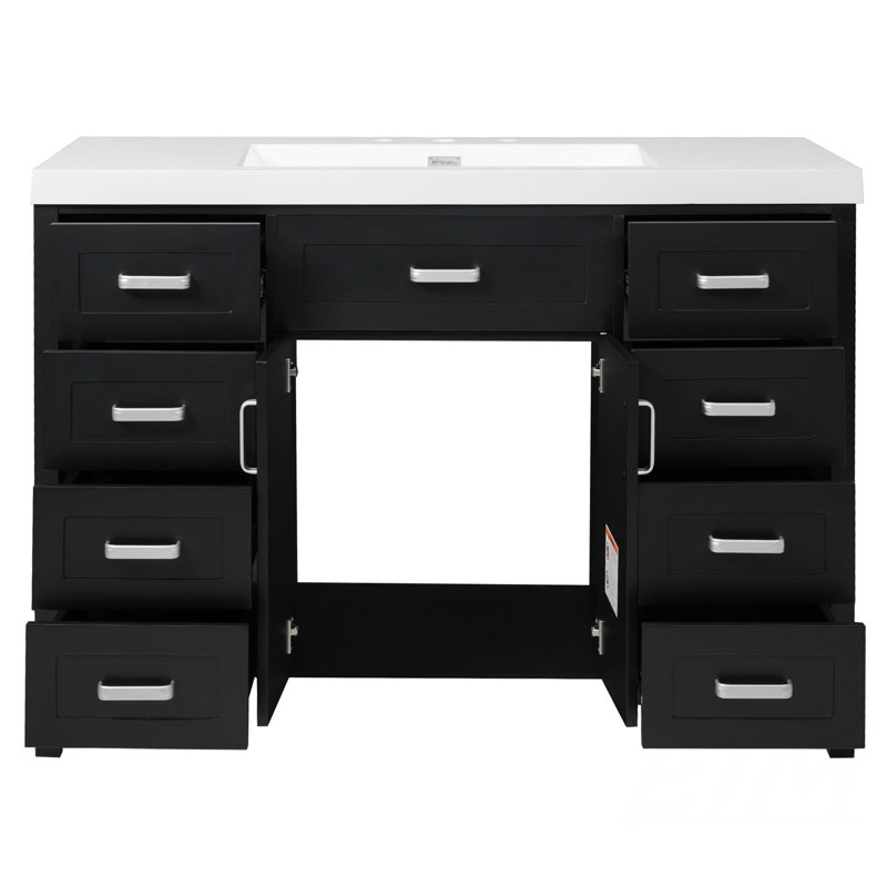 Meuble-lavabo 48 po avec lavabo intégré, 2 portes, 8 tiroirs, système de fermeture en douceur, design classique noir, meubles-lavabos