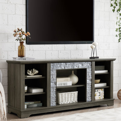 Modern Grey Tv Console, Faux Stacked Stone Surround Stand, 56.61"W X 15.23"D 25.62"H, Fits 65" Tvs, Abundant Storage Options Stand With Surround, Entertainment Media For Tv, Ample Facilities