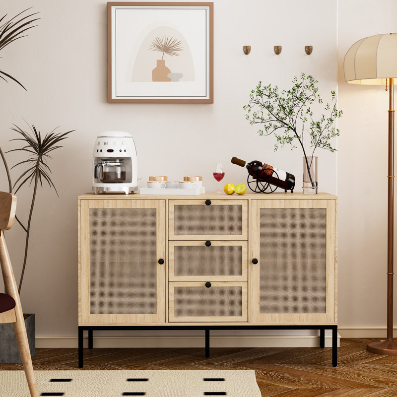 Grande armoire de rangement en buffet en rotin, buffet avec 2 portes et 3 tiroirs, pour le salon, la cuisine, Beige