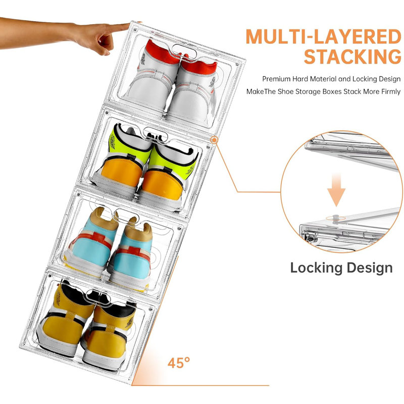 6 Pack Clear Stackable Shoe Storage Box With Magnetic Door - Shoe Organizer For US Size 12